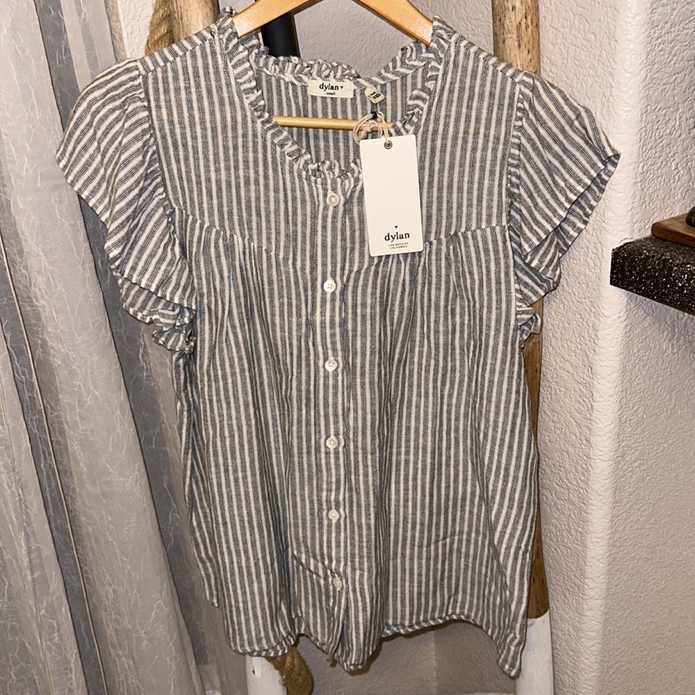 Dylan Striped Ruffle Shell Cap Sleeve Button Blouse Size S - Picture 4 of 11